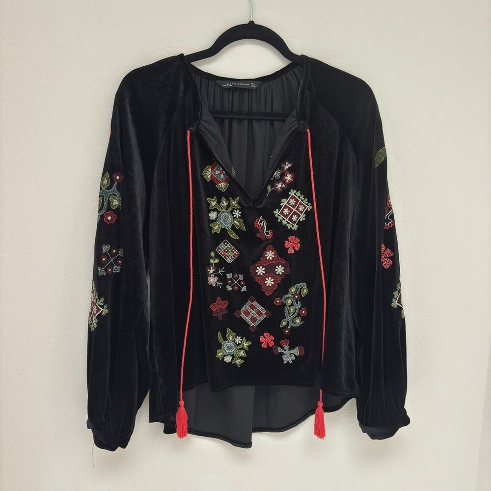 Zara Woman Black Velvet Embroidered Peasant Blouse Tassel Tie Boho L